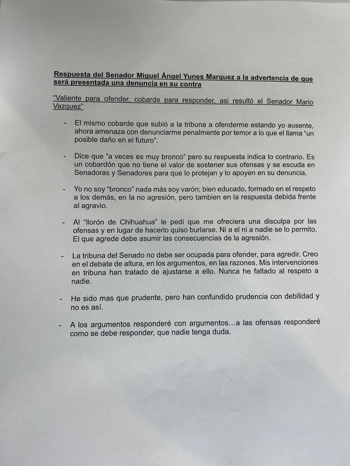Respuesta de Miguel Ángel Yunes Márquez.