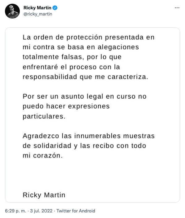 Respuesta de Ricky Martin a denuncia