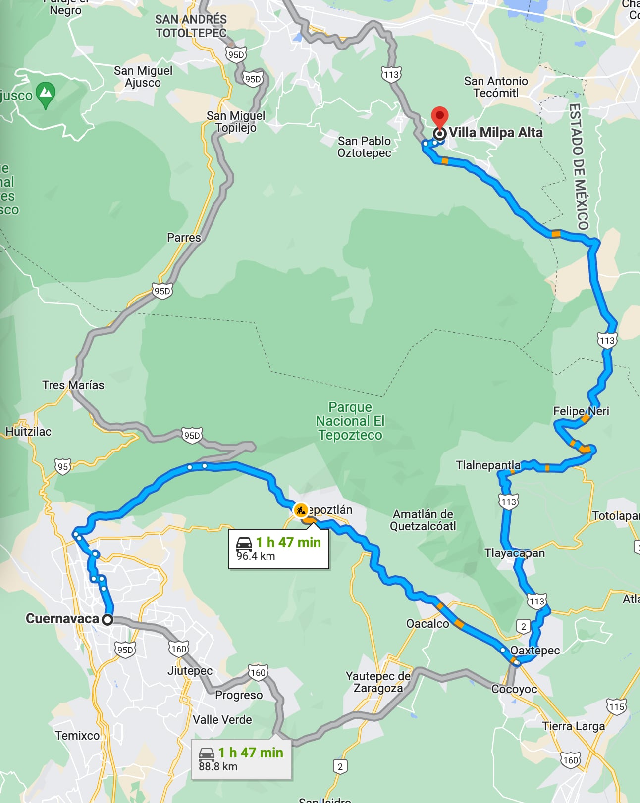 Ruta de Milpa Alta a Cuernavaca por Tepoztlán