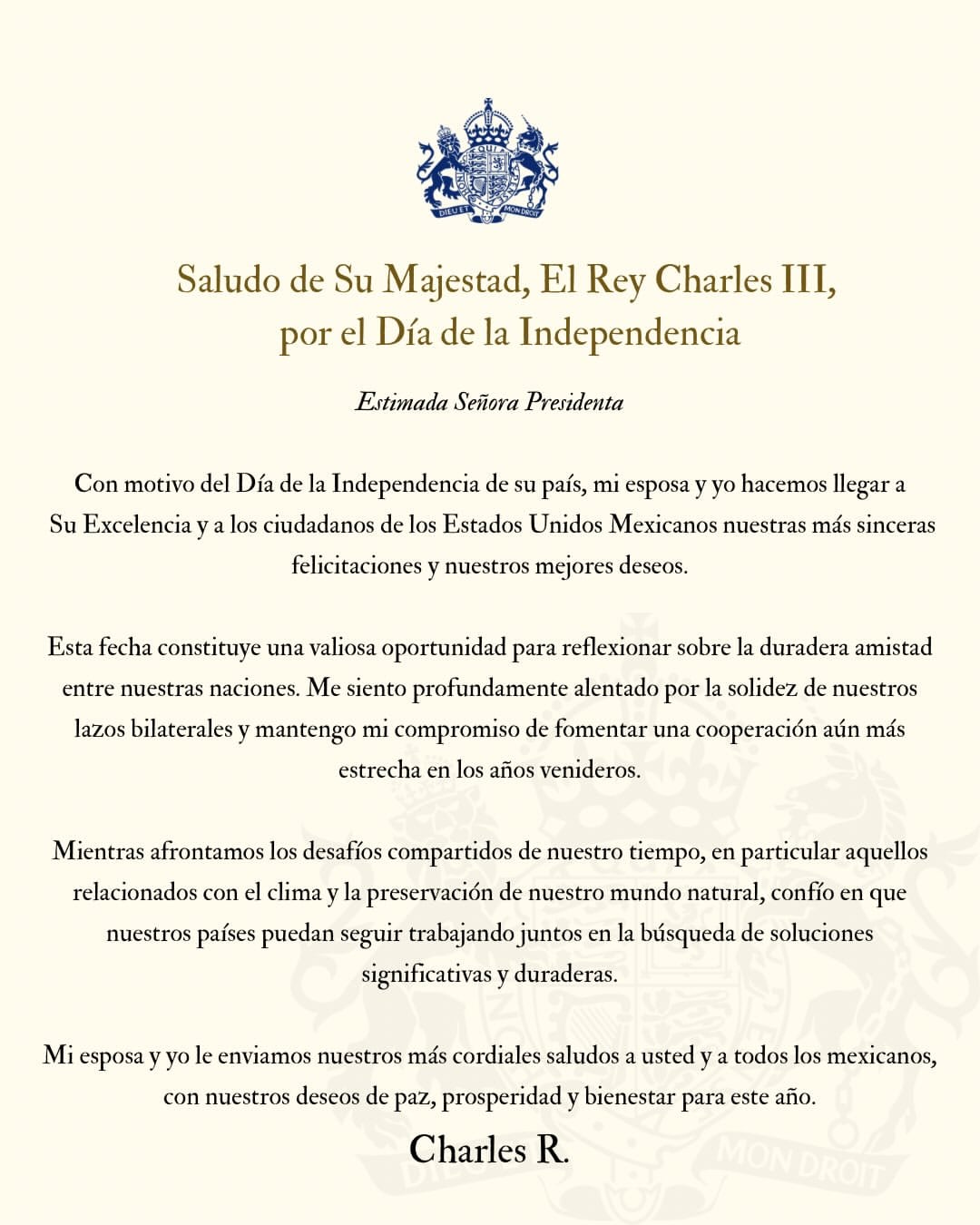 Rey Carlos III envía mensaje a Sheinbaum por la Independencia de México