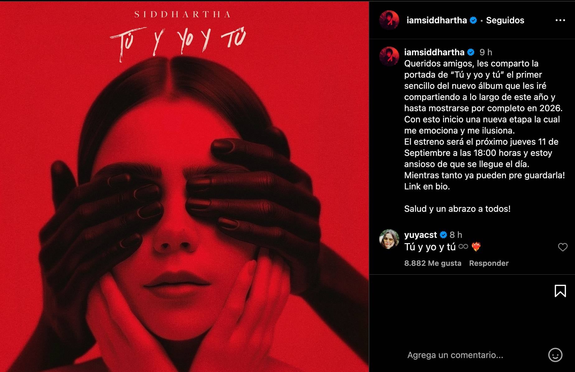 Yuya comenta la publicación de la nueva canción de Siddhartha