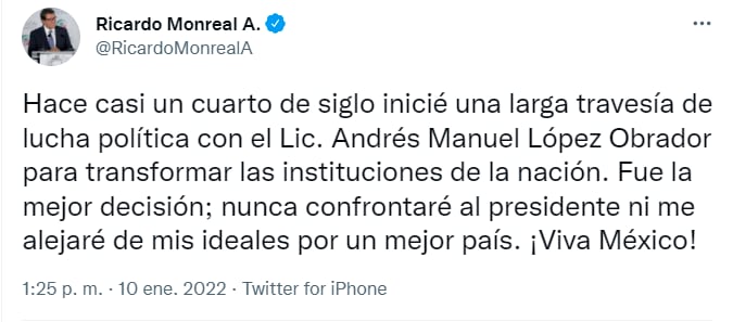 Tuit de Ricardo Monreal