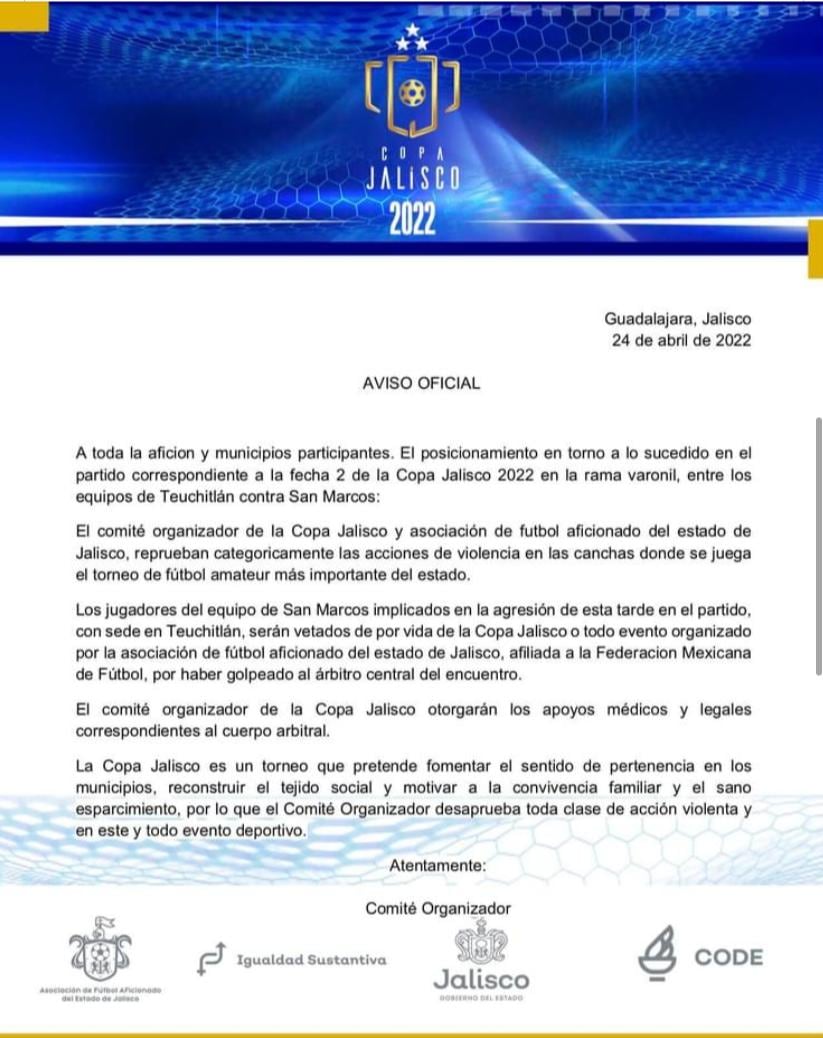 Los organizadores de la Copa Jalisco tomaron medidas ejemplares contra los futbolistas que agredieron al árbitro.