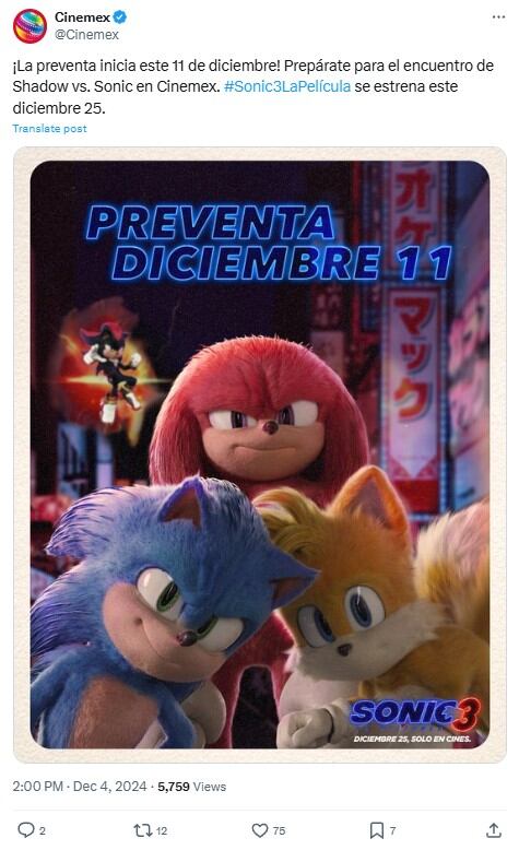 Prevente Sonic 3 en Cinemex
