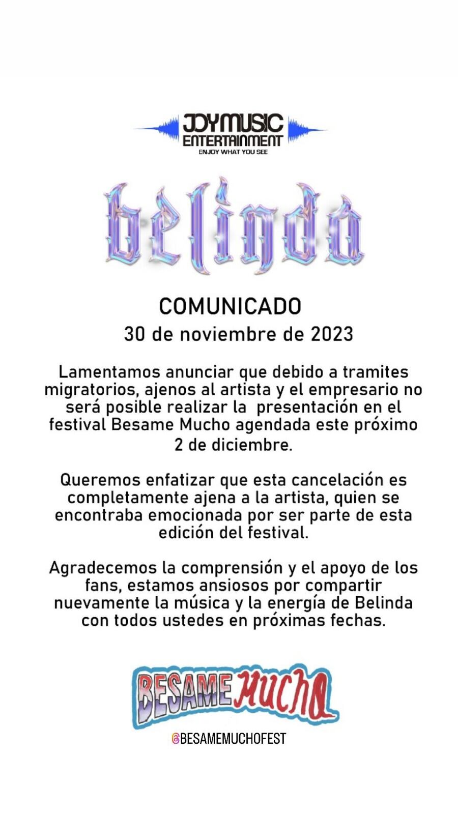 ¿Por qué Belinda no estará en festival Bésame Mucho? Aclara que no fue su decisión