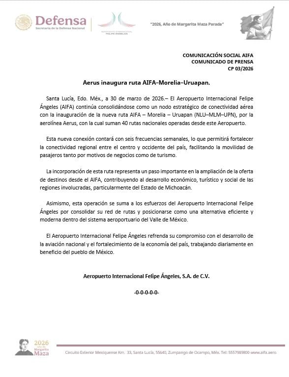 Aerus inaugura ruta aérea AIFA-Morelia-Uruapan