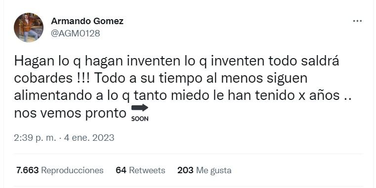 Tuit de Armando Gómez, esposo de Gloria Trevi