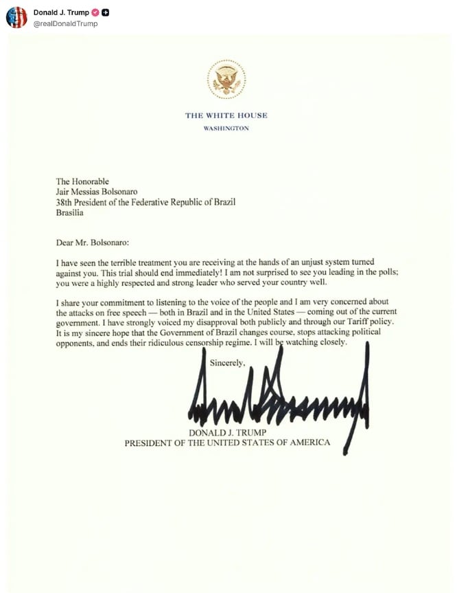 Donald Trump envió carta en apoyo a Jair Bolsonaro