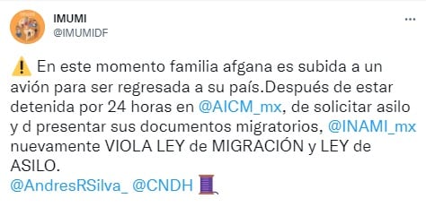 IMUMI denuncia deportación de familia afgana