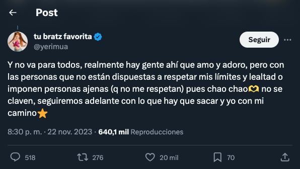 ¿Full Brand jamás traicionó a Yeri Mua? La Influencer pide a sus fans que los dejen de atacar