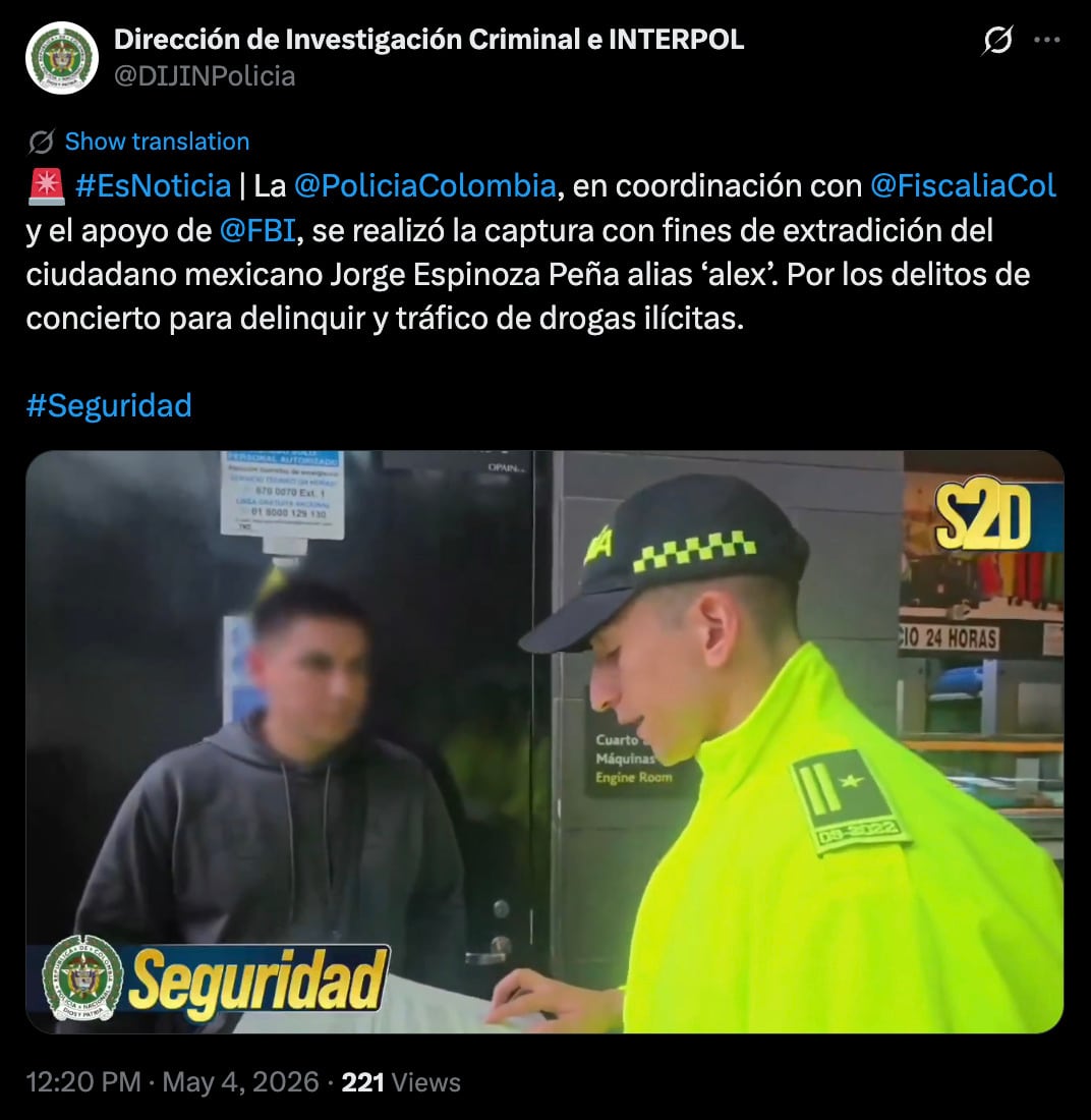 Detienen en Colombia a “El Alex”, operador del Cártel de Sinaloa