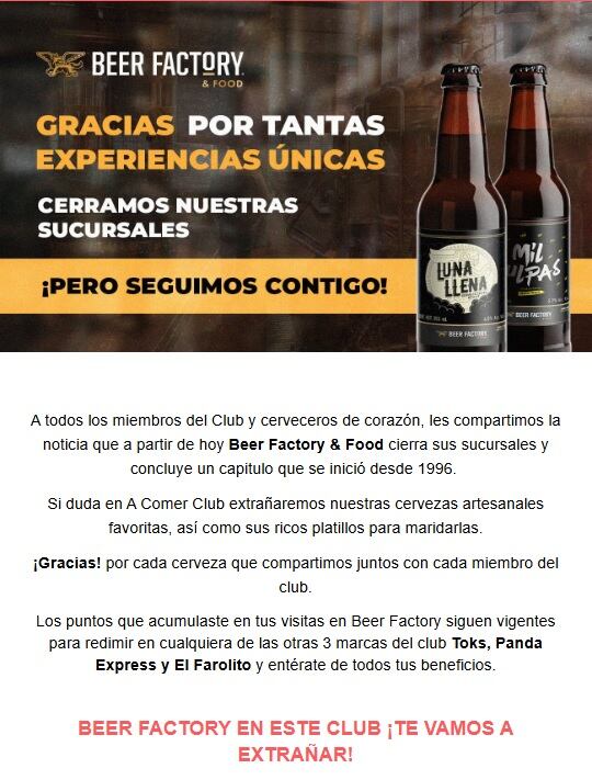 Beer Factory manda mensaje a clientes para informar cierre de sus sucursales en México