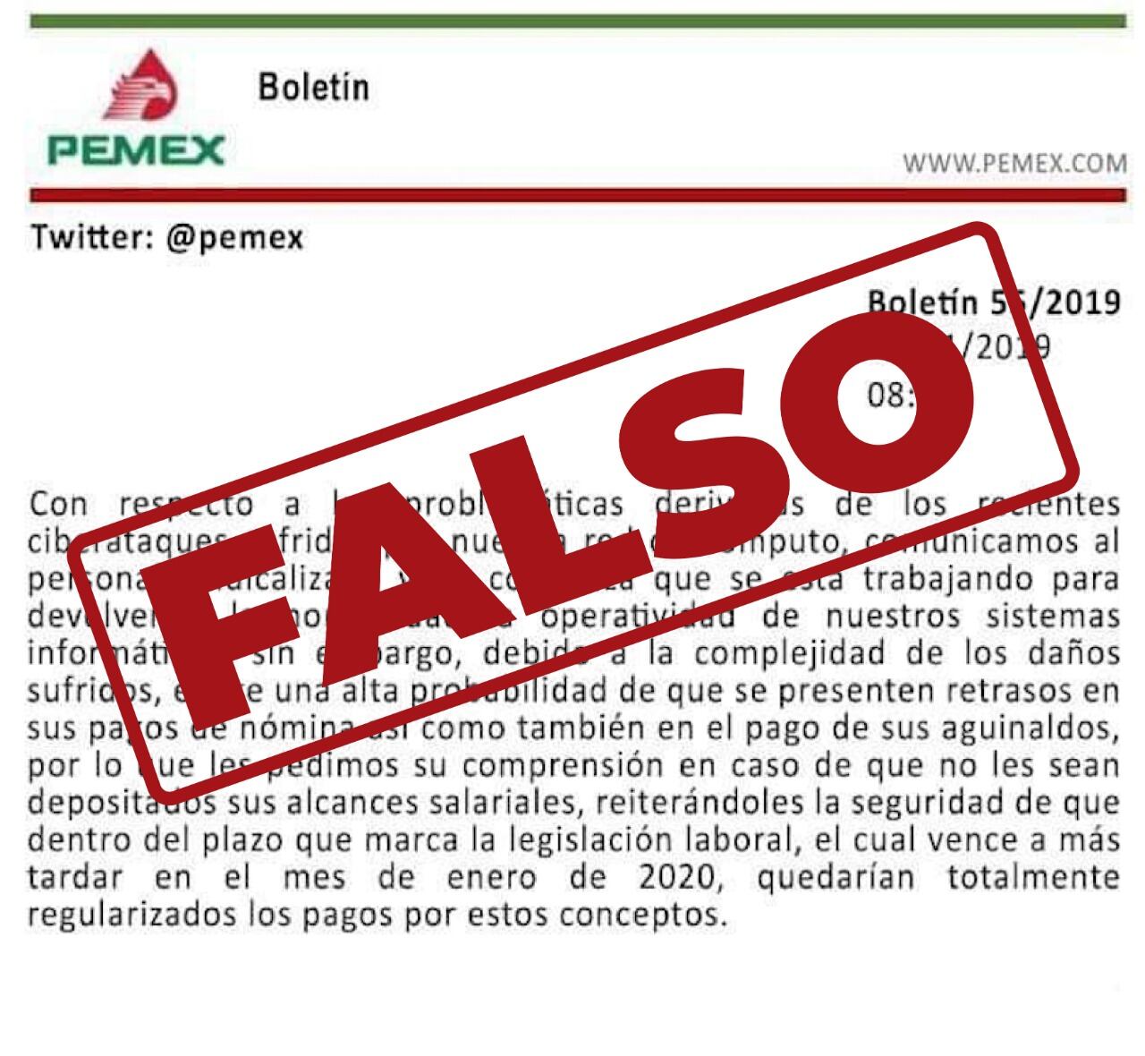 En Internet circuló este boletín apócrifo de la paraestatal anunciando el retraso en pagos, salarios y aguinaldos.