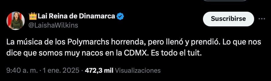 Publicación de Laisha Wilkins sobre concierto de Polymarchs
