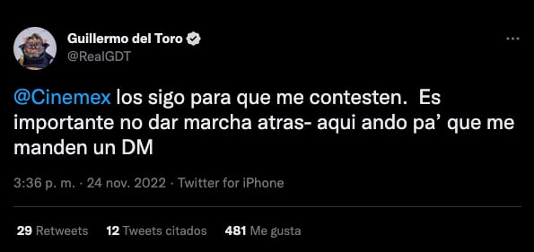 Guillermo del toro pide a Cinemex contactarlo