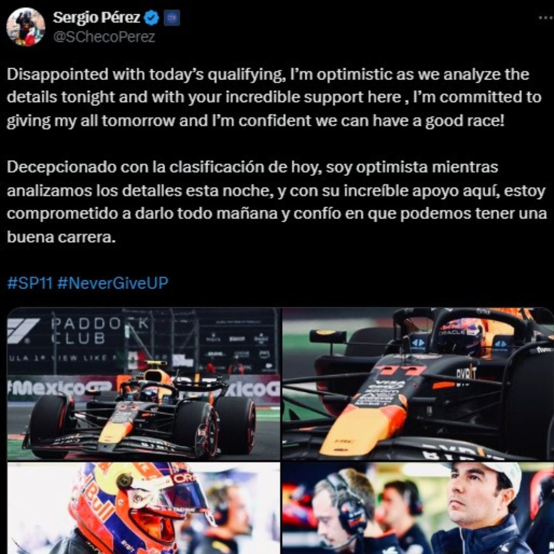 Mensaje de Checo Pérez sobre su decepcionante actuación.