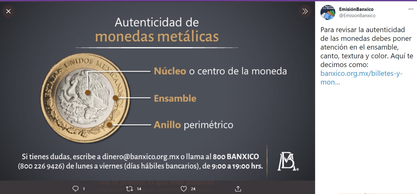 Twitter; Banxico dice cómo detectar monedas falsas.