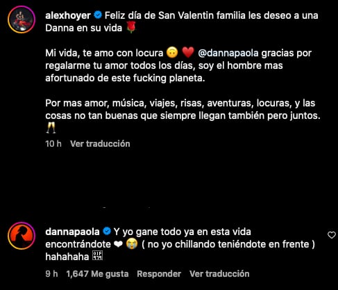 Mensaje de Alex Hoyer dedicado a Danna Paola por San Valentín.