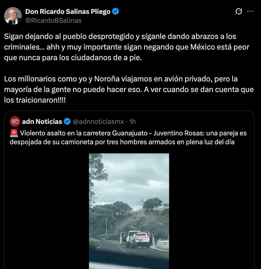 Salinas Pliego exhibió la inseguridad que padecen los ciudadanos en carreteras del país con una burla a Noroña