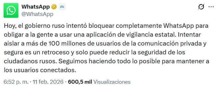 WhatsApp alerta por vigilancia a usuarios tras bloqueo en Rusia