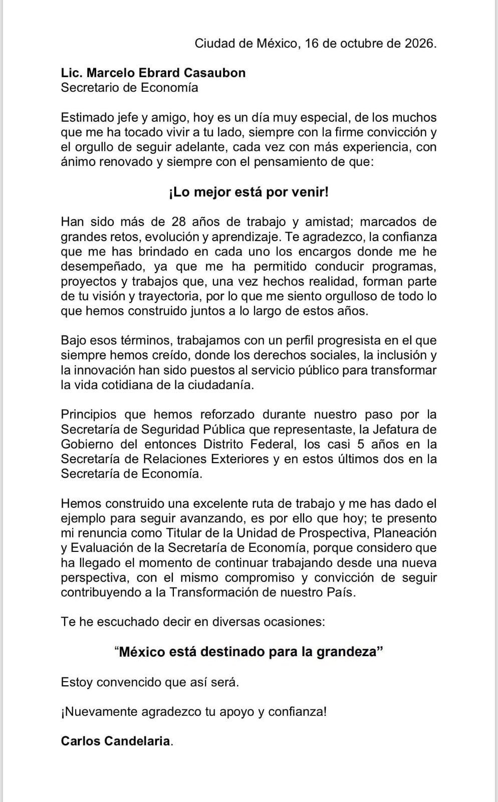 Carlos Candelaria renuncia a la Secretaría de Economía con carta a Marcelo Ebrard