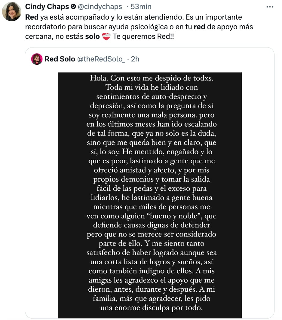Red Solo preocupa a sus fans con una carta despedida