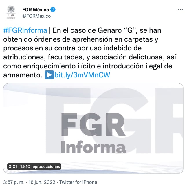 FGR informa sobre órdenes de aprehensión contra Genaro García Luna