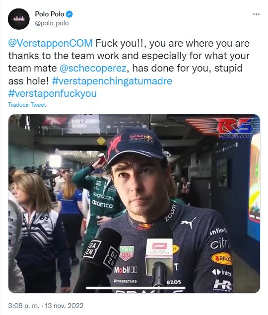 Polo Polo dedicó su último tweet al Checo Pérez y Max Verstappen.