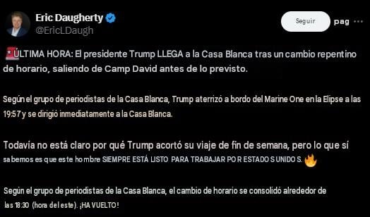 Donald Trump regresa a la Casa Blanca tras intercepción de aeronave en Camp David