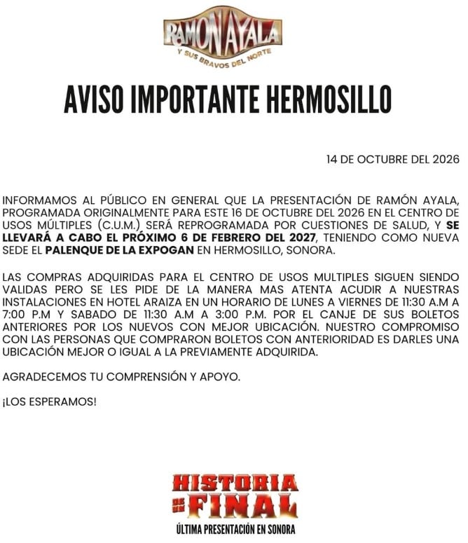 Ramón Ayala habría sido operado tras una caída; reprograman concierto en Hermosillo