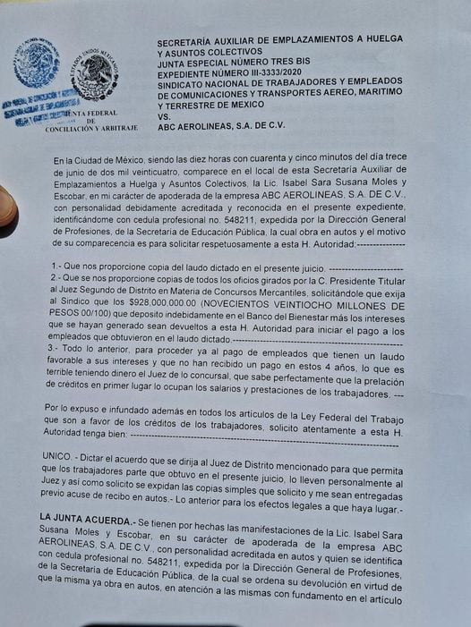 Documento con sello de recibido por la Secretaría Auxiliar de Emplazamientos a Huelga y Asuntos Colectivos