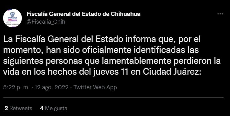 Fiscalía de Chihuahua identifica a 5 de las 11 personas muertas por ataques en Ciudad Juárez