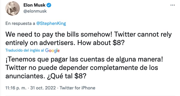Pelea entre Elon Musk y Stephen King por el cobro a las cuentas verificadas