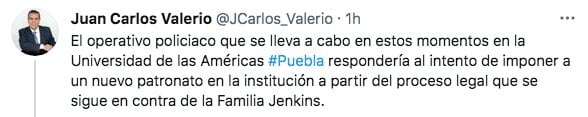Tuit del reportero Juan Carlos Valerio