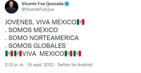 Vicente Fox también se manifiesta por las fiestas patrias de la Independencia