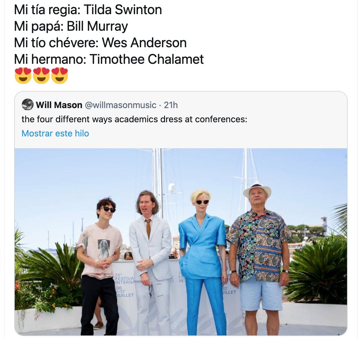 Timothée Chalamet, Wes Anderson, Tilda Swinton y Bill Murray