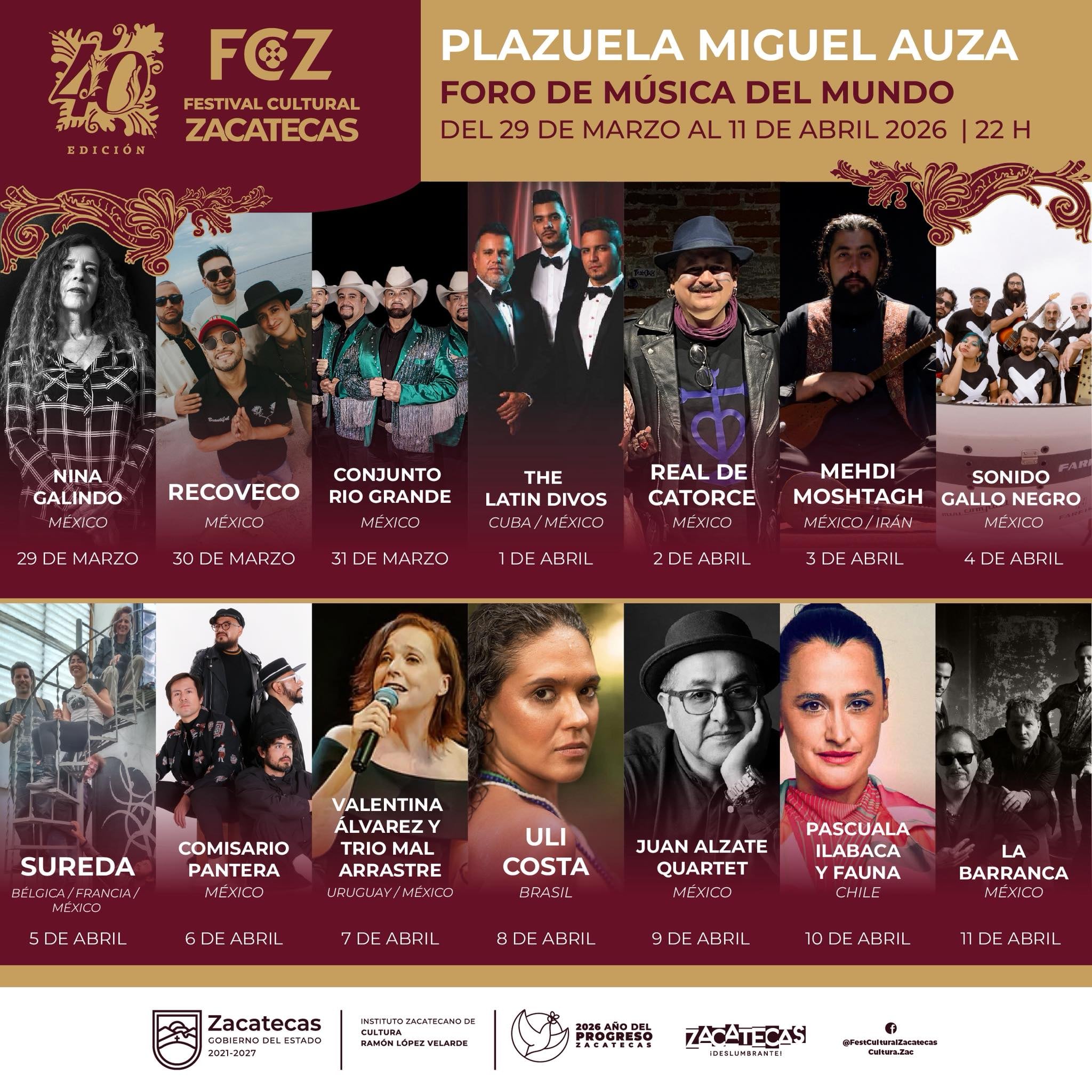 Cartelera del Festival Cultural Zacatecas 2026: artistas, fechas y boletos