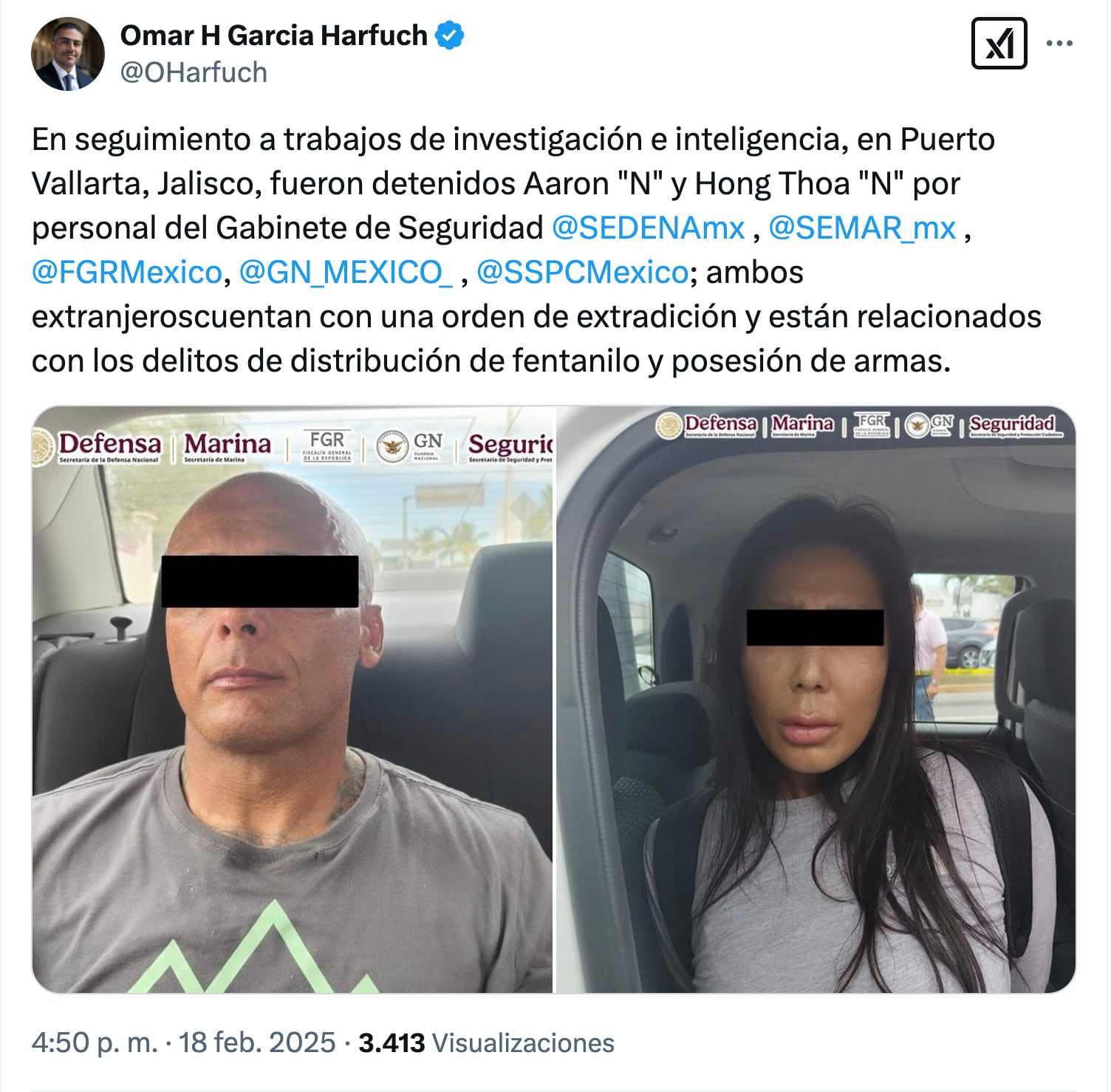 Dos extranjeros detenidos por narcotráfico en Jalisco, anuncia Omar García Harfuch