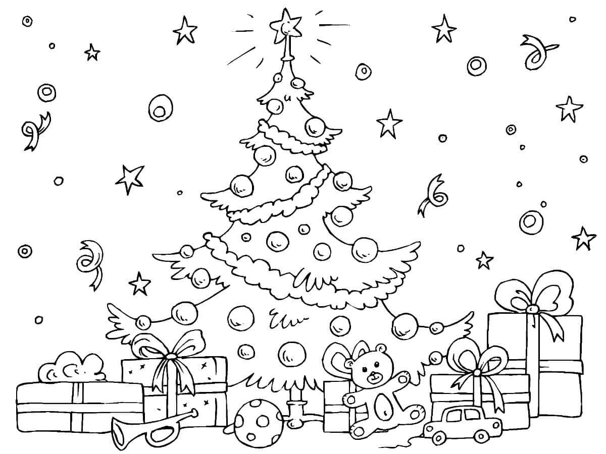 Dibujo del árbol de Navidad con regalos para colorear