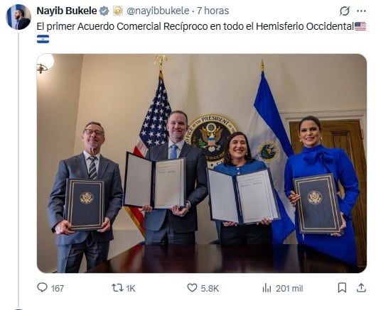 Bukele sella acuerdo con Estados Unidos para eliminar aranceles