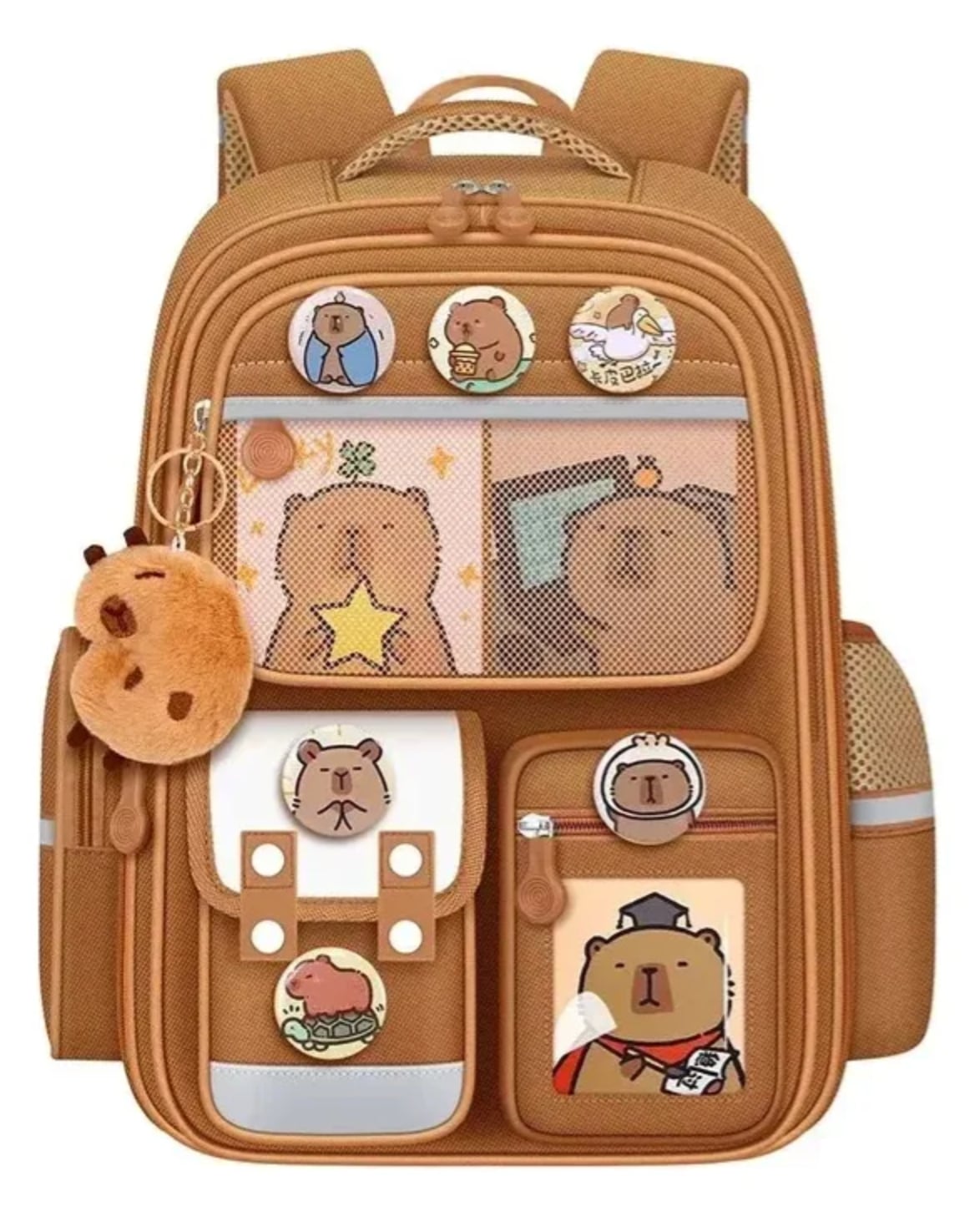 Mochila Capibara Escolar Kawaii Con Accesorios Compartimentos Premium
