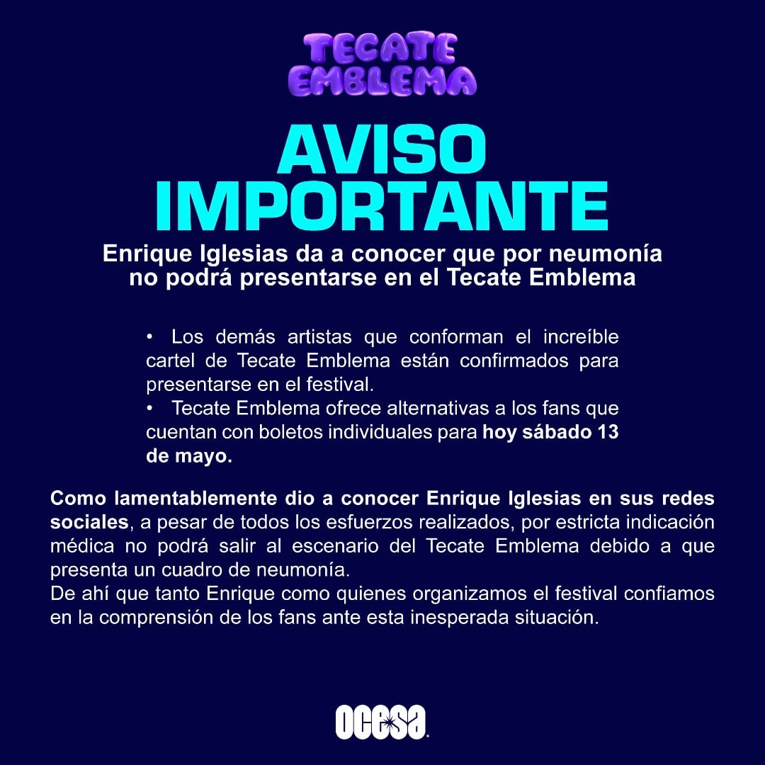 Postura de Ocesa y Tecate Emblema 2023 tras la cancelación de Enrique Iglesias