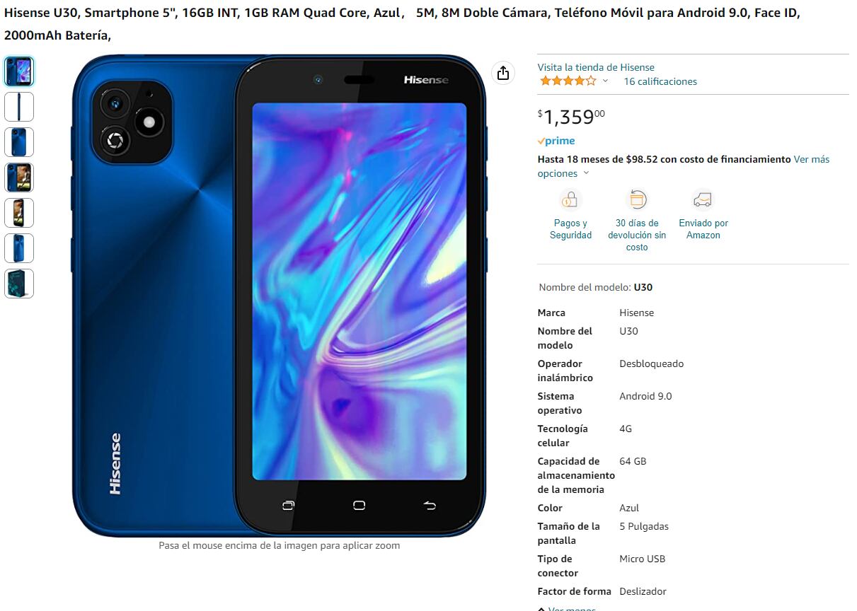 Hisense U30, smartphone que se puede comprar en Amazon