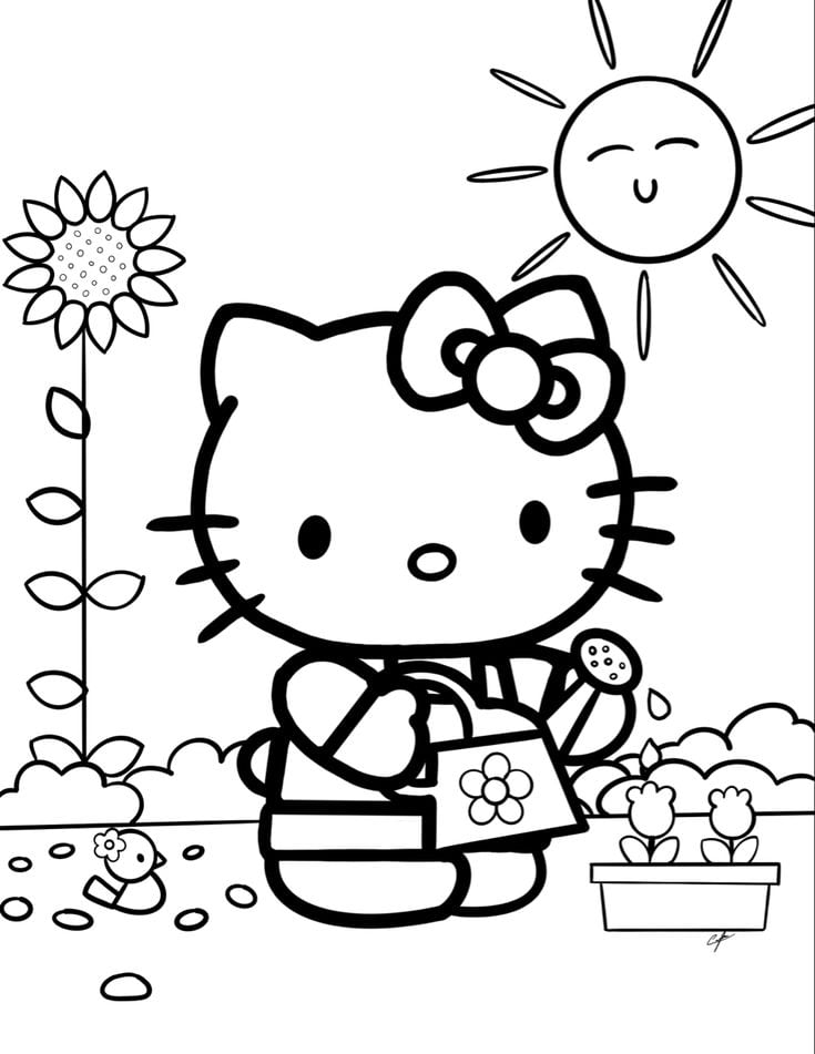 Dibujos de Hello Kitty tomando el sol de primavera para colorear