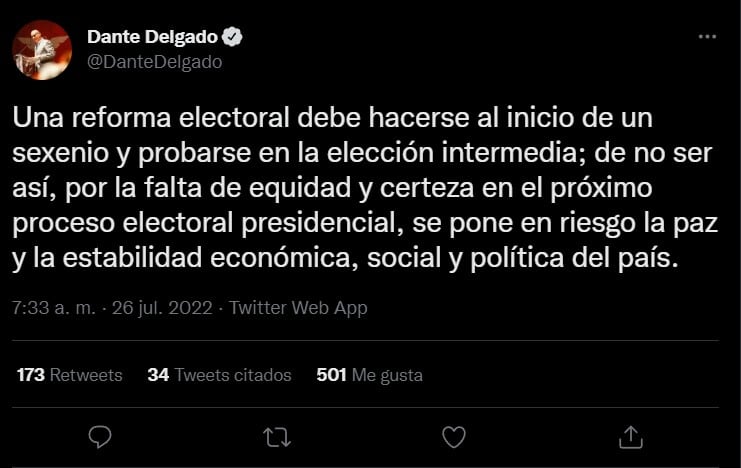 Dante Delgado afirma que reforma electoral atenta contra la paz y la política de México