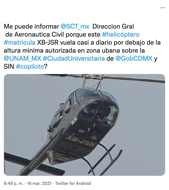 En 2021 reportaron presuntos vuelos irregulares del helicóptero que se robaron