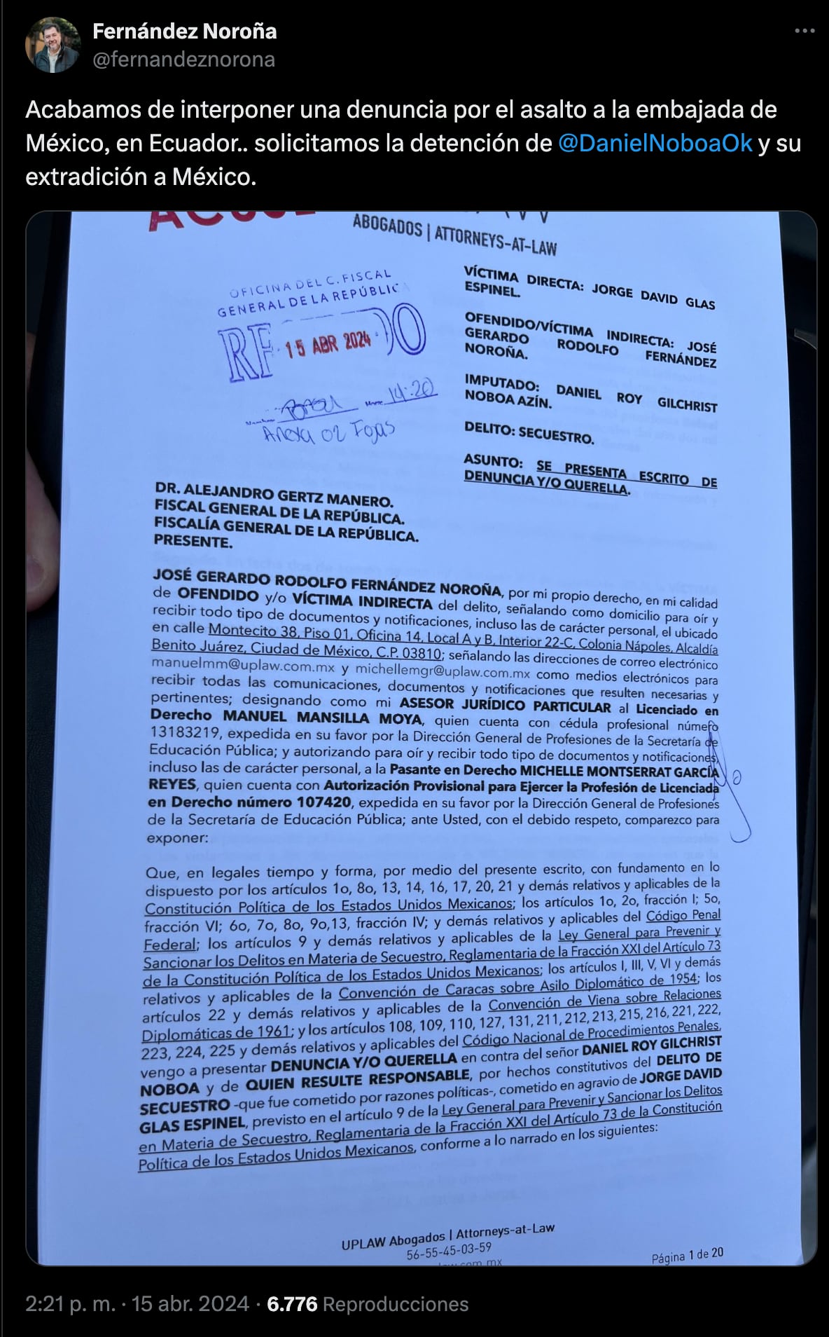 Gerardo Fernández Noroña exige detención y extradición de Daniel Noboa por asalto a embajada de México en Ecuador
