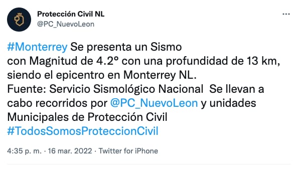 Protección Civil de Nuevo León reporta sismo de hoy