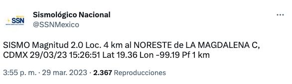SSN reporta sismo en la Magdalena Contreras