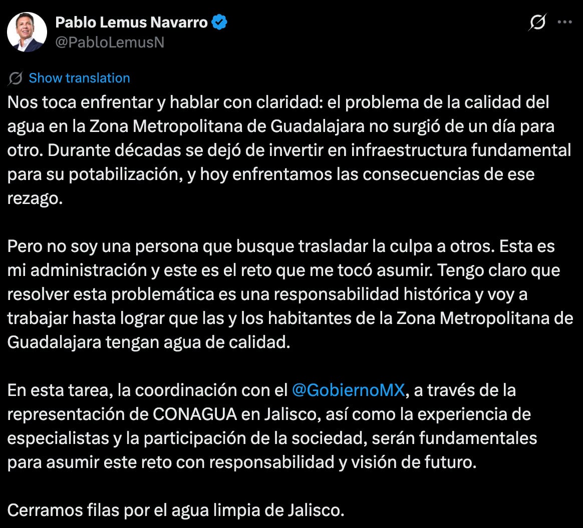 “Es el reto que me tocó asumir”: Pablo Lemus reafirma compromiso por el agua en Jalisco